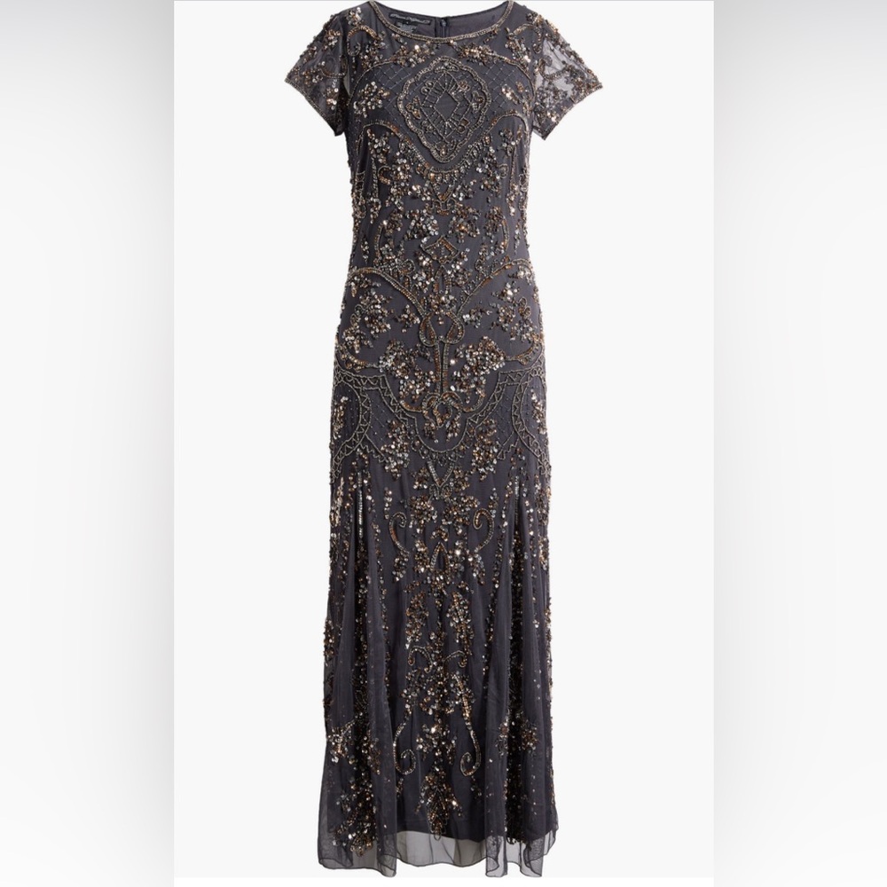 NWT Pisarro Nights Beaded Mesh Midi Cocktail Dress – Size 10 Grey
